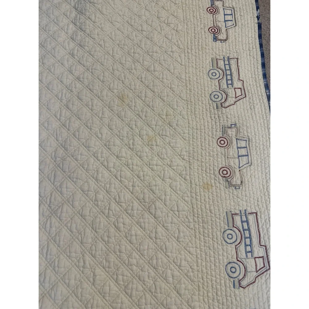 Bacati Collections Transportation Baby Quilt Blue Red Plaid Trains Cars Cream